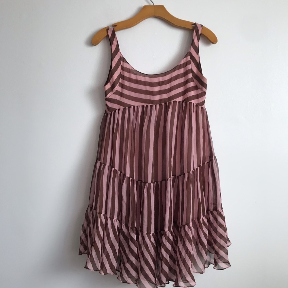 SRETSIS WOMENS DRESS 100% SILK PINK BROWN CANDY STRIPE A LINE BABYDOLL SMALL